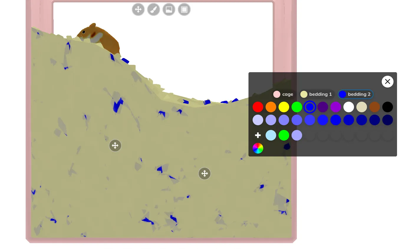 The bedding color menu with separate colors for bedding and flecks, and handles for adjusting bedding height