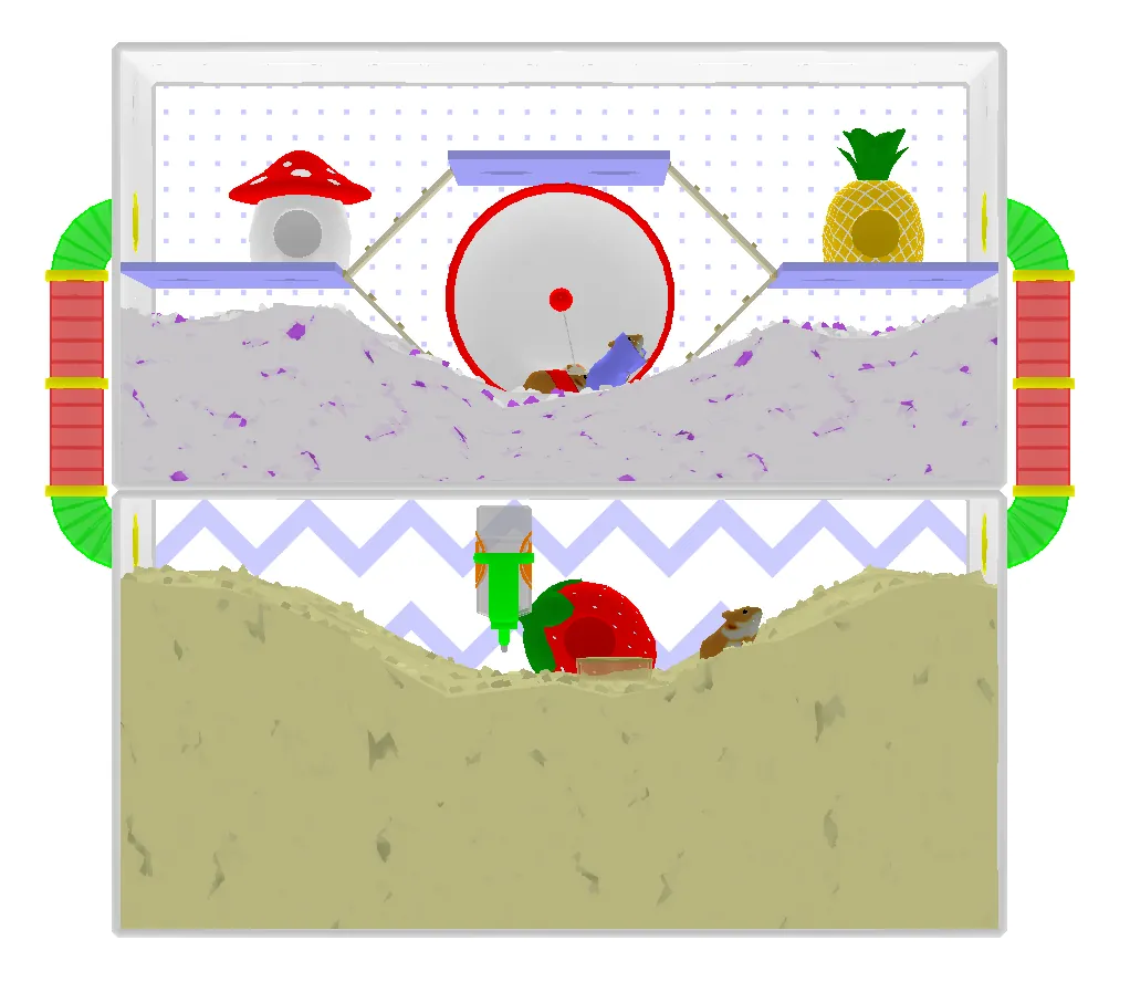 Starter 5: a two-level cage with the Mushroom and Pineapple houses on platforms, a wheel, and the Strawberry house below