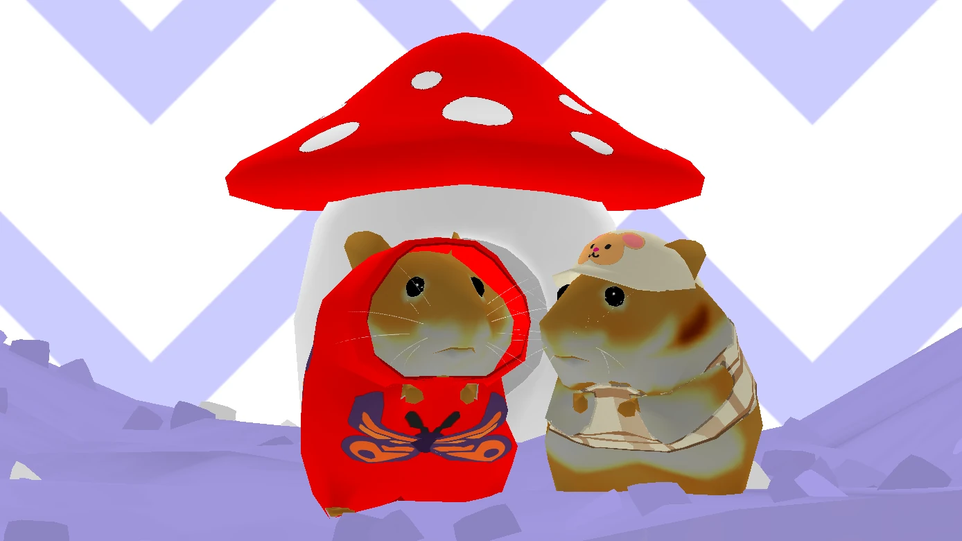 Two hamsters under a red mushroom house, one in a red onesie with a butterfly print and one in a hat with a hamster-face print