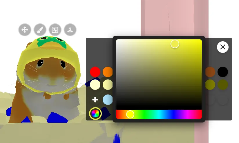 A hamster in a yellow hat with a frog print, with the custom color picker open showing the same yellow
