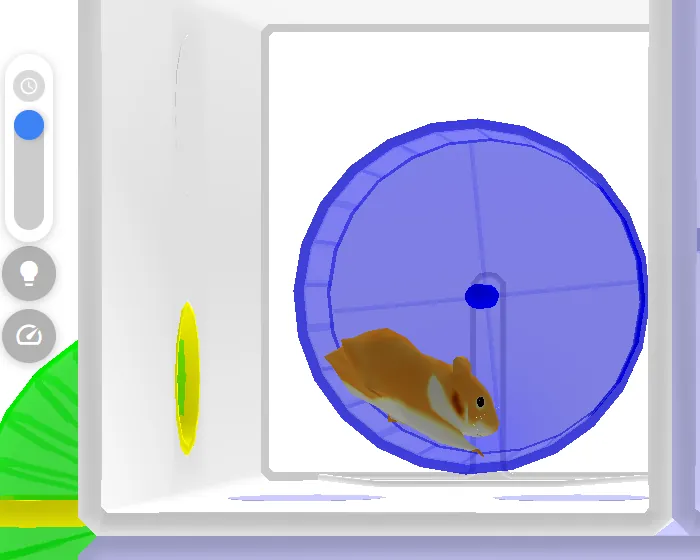 A hamster on its wheel in a brightly lit cage