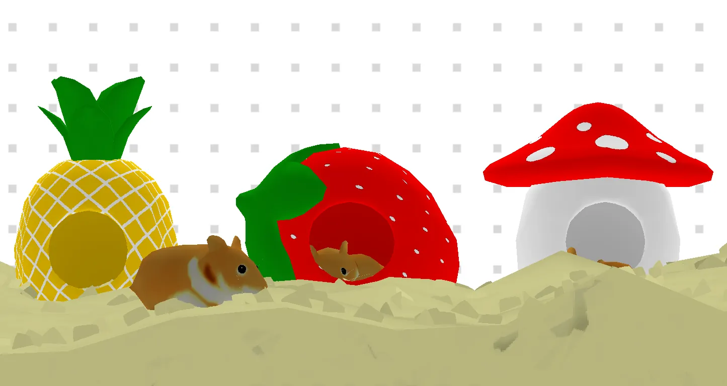 The new Pineapple, Strawberry, and Mushroom houses side by side, with one hamster walking past the Pineapple house, another peeking out of the Strawberry house, and a third tucked inside the Mushroom house