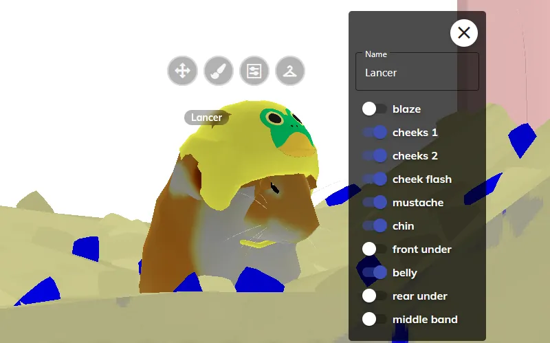 A hamster named Lancer wearing a yellow hat, with the name shown above it and the name field open in the menu